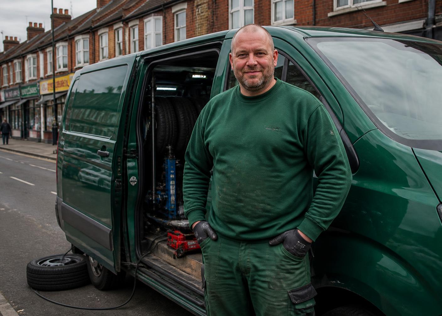 Swift Tyres Recovery mobile fitter kneeling next to a van, changing a tyre on a Friern Barnet street