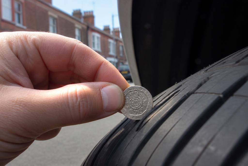 A 20p coin being pressed into a tyre tread groove