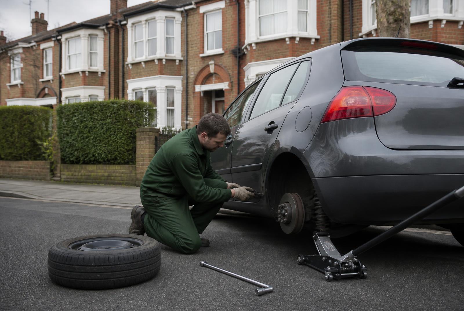 Mobile tyre fitter torquing a wheel on a customer's car in Friern Barnet