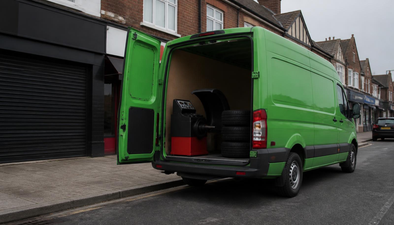 Swift Tyres Recovery technician fitting a tyre beside a green van at night in London North London